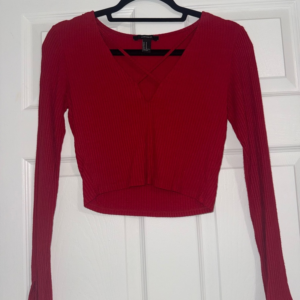 Forever 21 Scarlet Ribbed Long Sleeve Crop Top